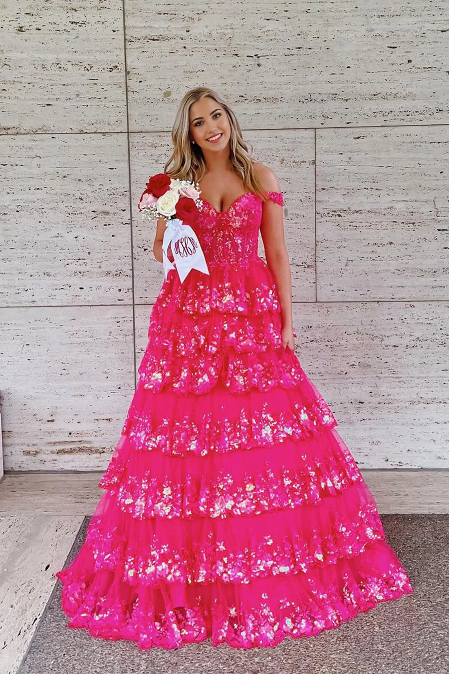 A-line Off the Shoulder Hot Pink Sequins Tiered Ball Gown Prom Dresses